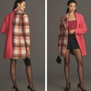 NVLT NWT Anthropologie Pink Colorblock Teddy Longline Boucle Plaid Coat Medium
